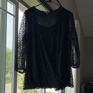 Roz & Ali Black Asymmetrical Wrap Blouse 3/4 Sleeves